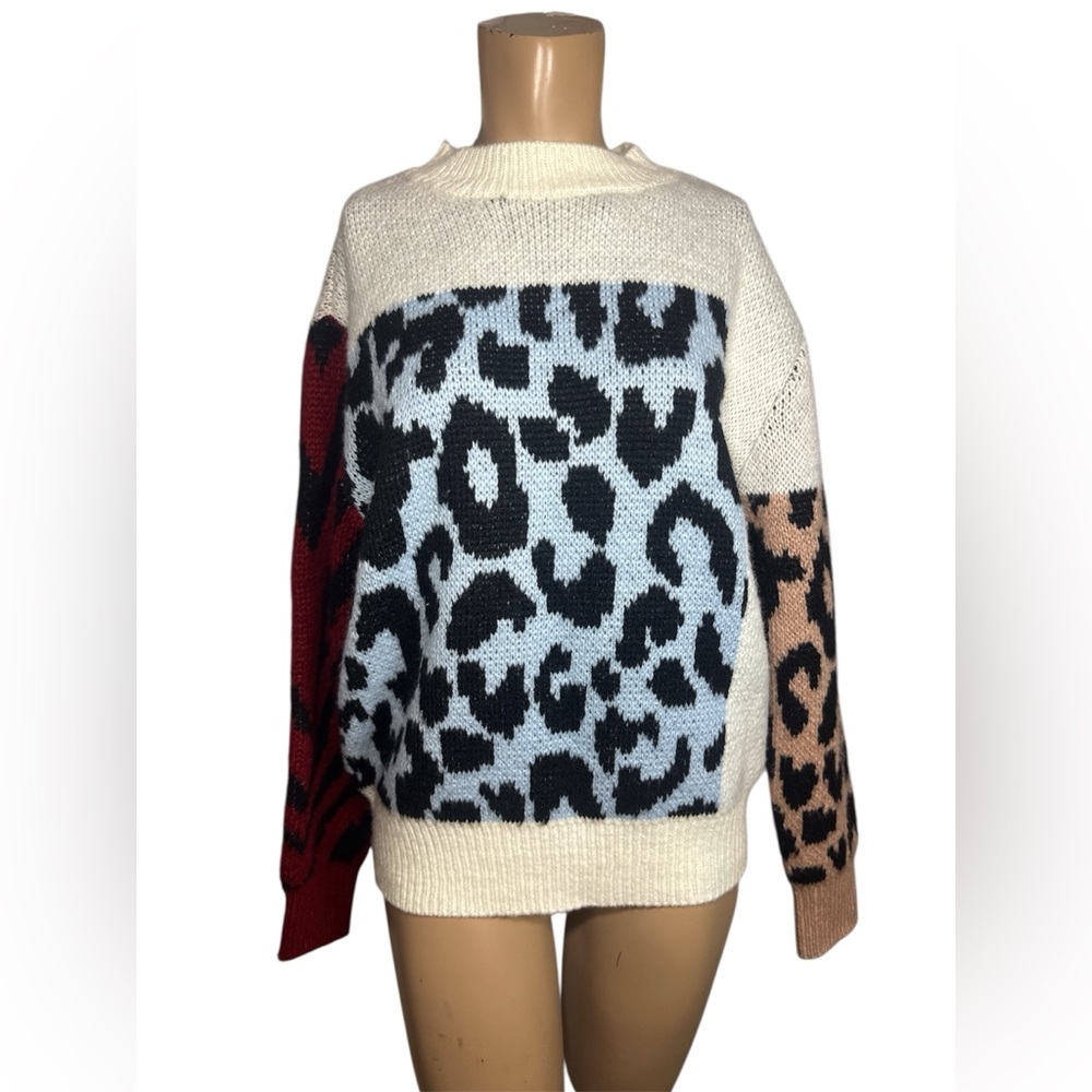 Chic Leopard Print Colorblock Turtleneck Sweater